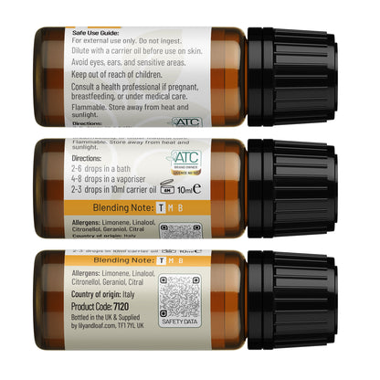 Lily & Loaf Mandarin essential oil back label showing directions, blending note, allergens, country of origin Italy and safety information.