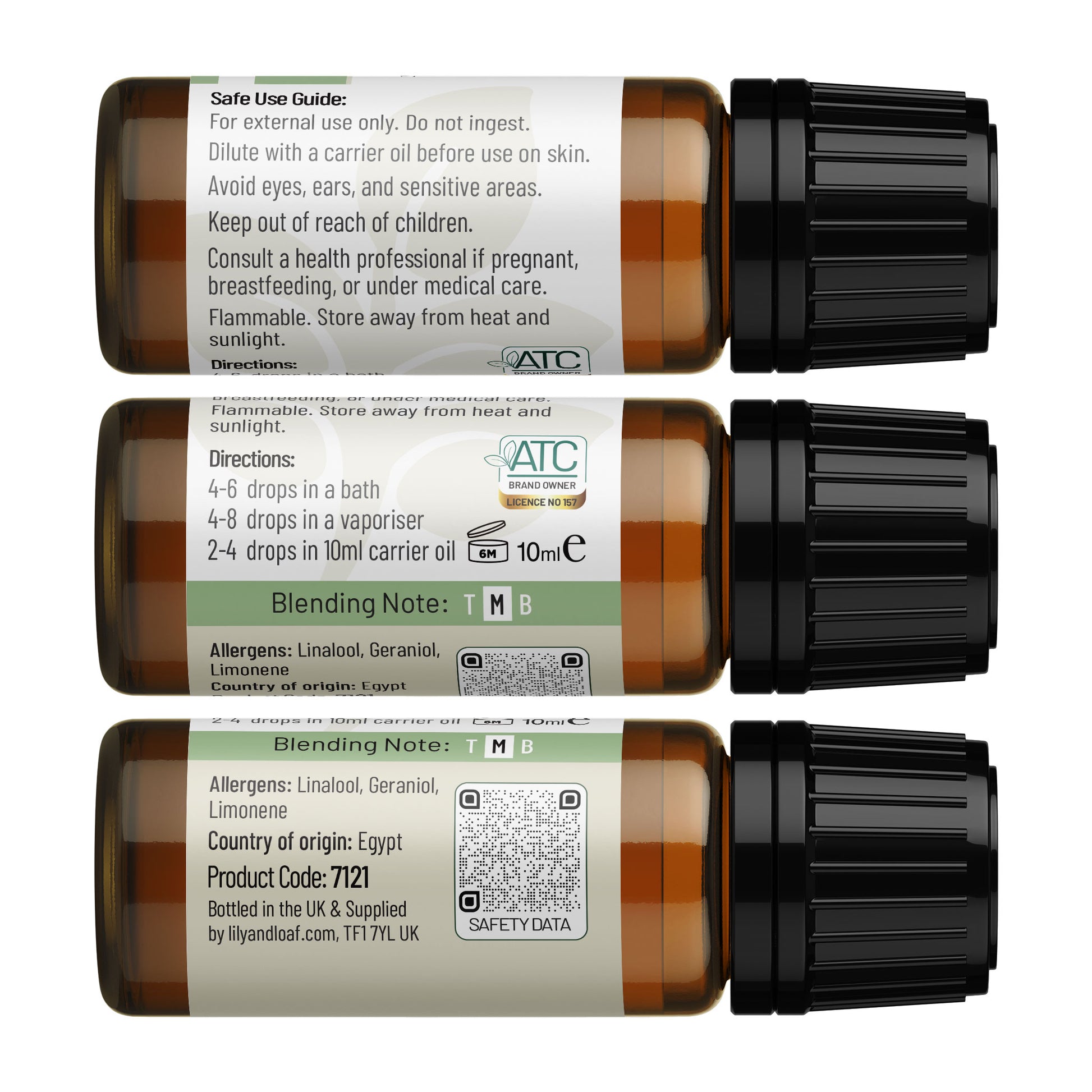 Lily & Loaf organic Marjoram essential oil label showing safety guidance, blending notes, allergens, country of origin and product code on amber bottle.