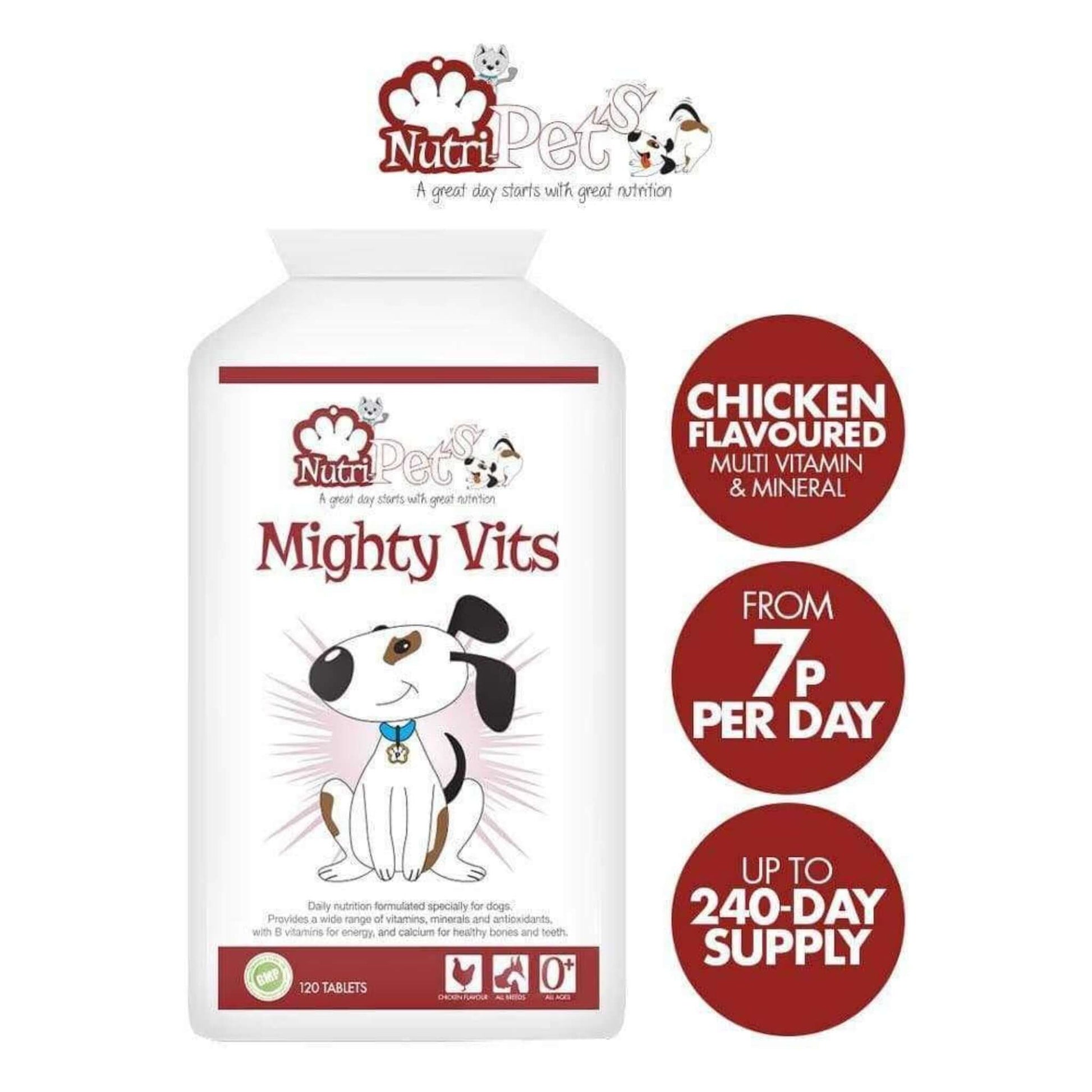 Nutri-Pets Mighty Vits is chicken flavoured and costs from as little as 7p per day