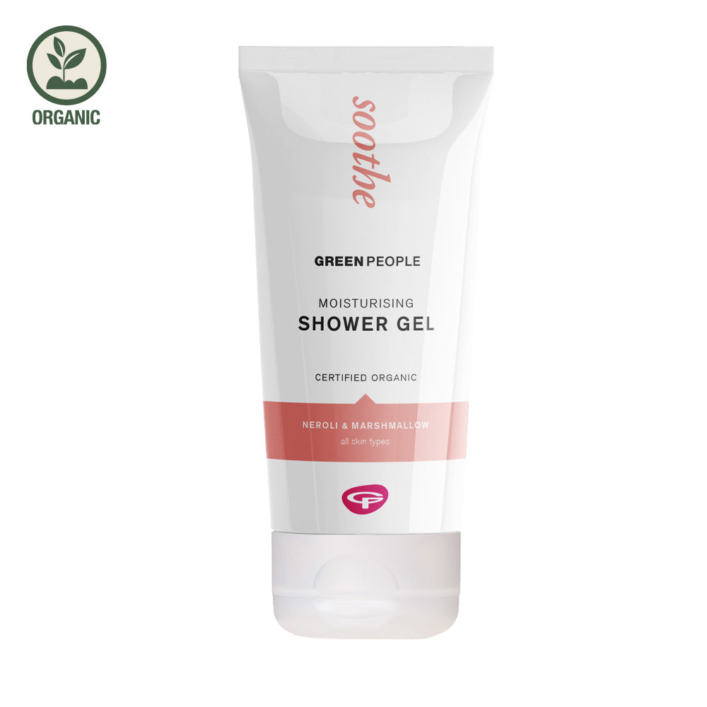 Green People moisturising shower gel with neroli and marshmallow, certified organic shower gel tube for all skin types.