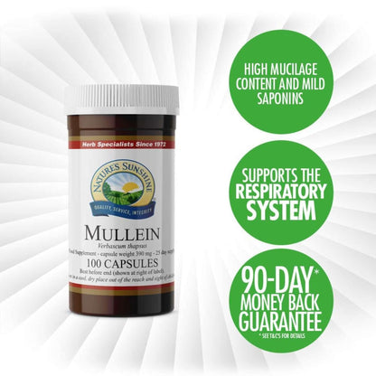 Nature’s Sunshine Mullein capsules with highlighted benefits including high mucilage content, respiratory system support, and 90-day guarantee.