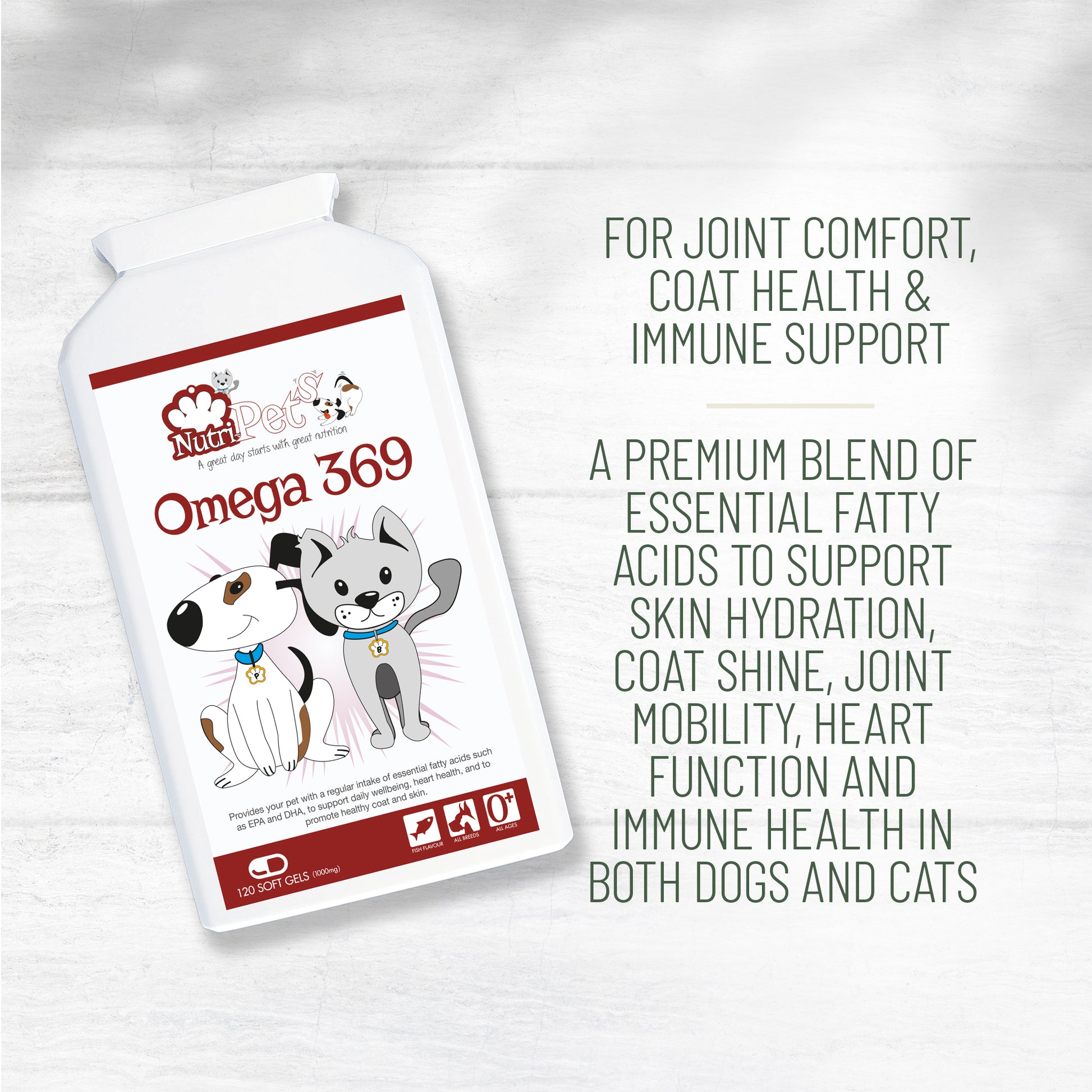 Nutri-Pets Omega 3-6-9 supplement pack for dogs and cats, showing benefits for joint comfort, coat health and immune support