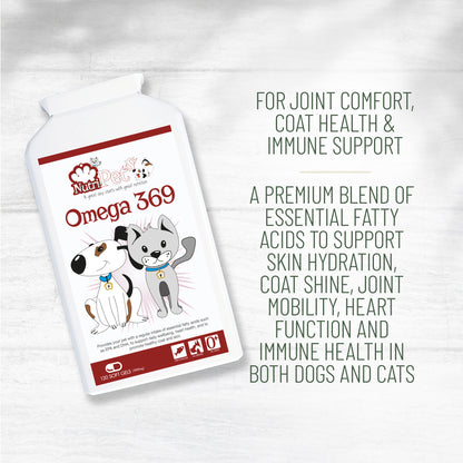 Nutri-Pets Omega 3-6-9 supplement pack for dogs and cats, showing benefits for joint comfort, coat health and immune support