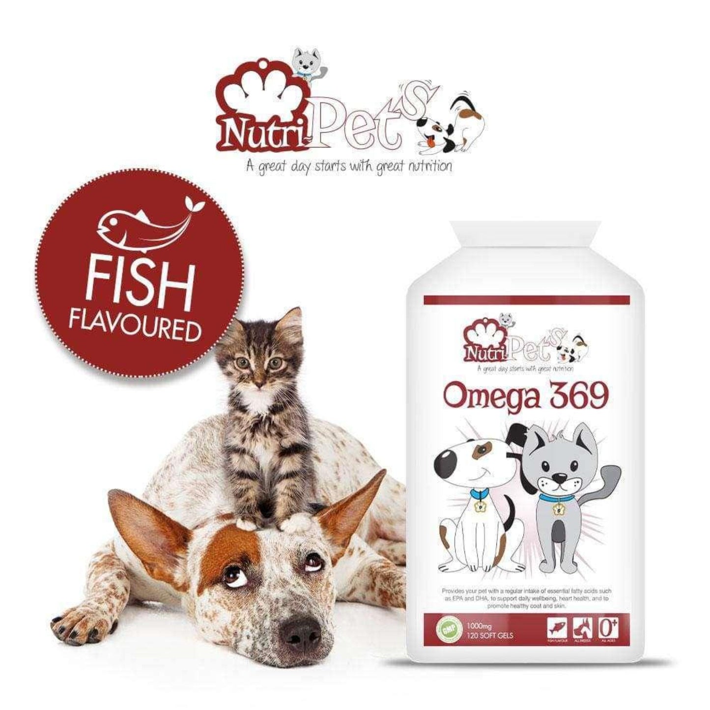 A kitten sitting on a dog's head with a bottle of Nutri-Pets Omega 369 Softgel Capsules to the right and an icon stating the capsules are fish flavoured