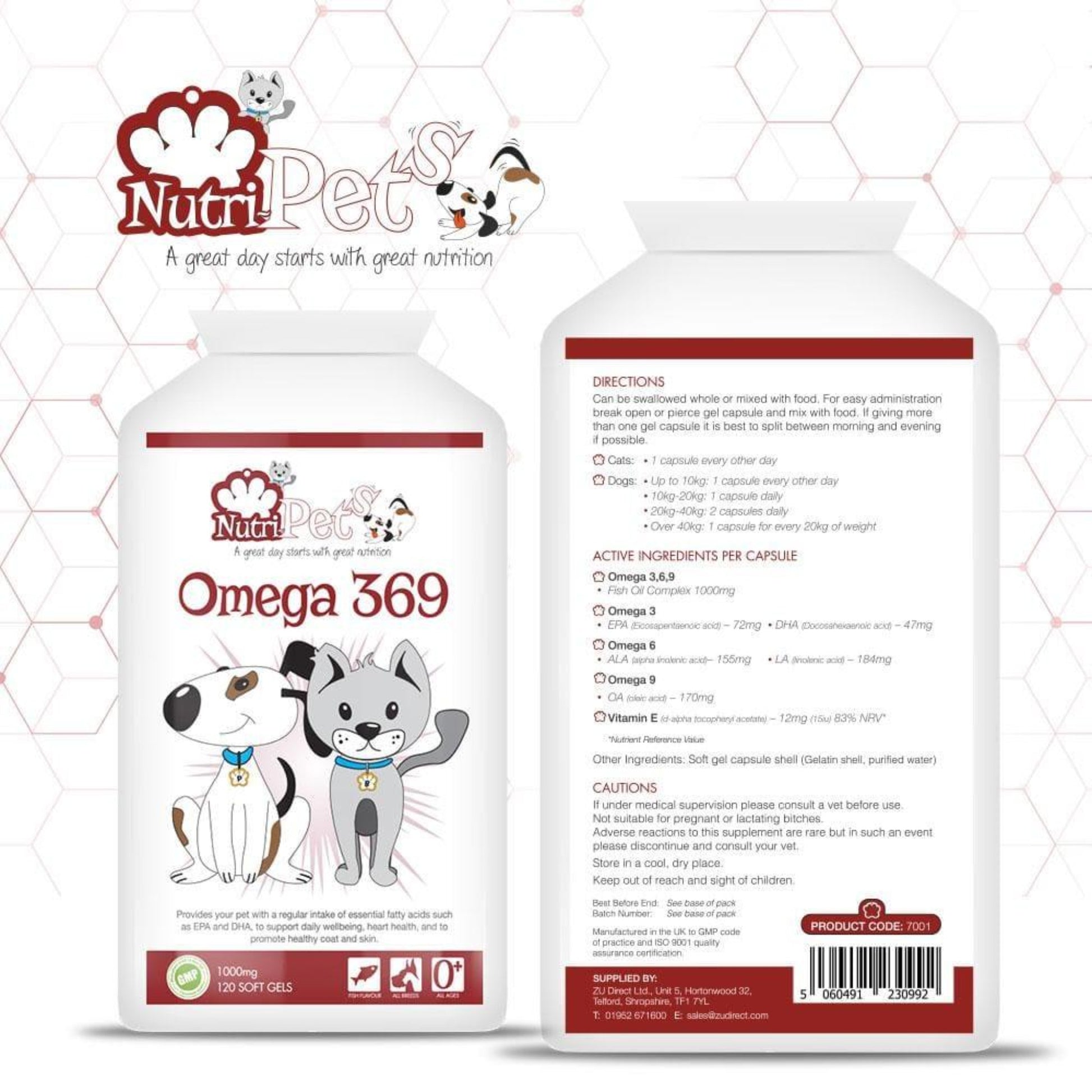 Nutri-Pets Omega 369 Softgel Capsule label highlighting ingredients, directions for use and nutritional profile