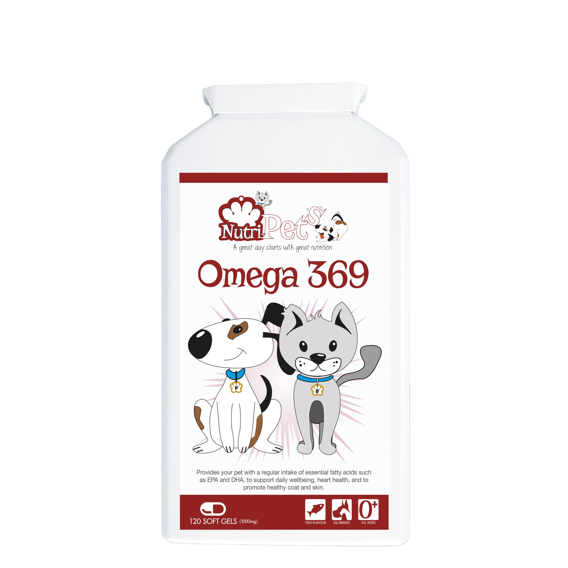 A bottle of Nutri-Pets Omega 369 pet supplements with illustrations of a dog and a cat on the label.