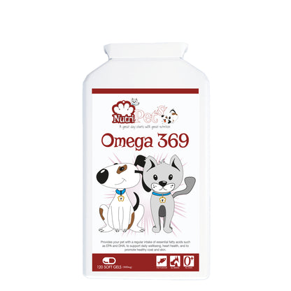 A bottle of Nutri-Pets Omega 369 pet supplements with illustrations of a dog and a cat on the label.