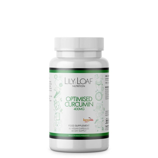 White bottle of Lily & Loaf Optimised Curcumin supplement, containing 60 vegan capsules for a 60-day supply, featuring Longvida technology.