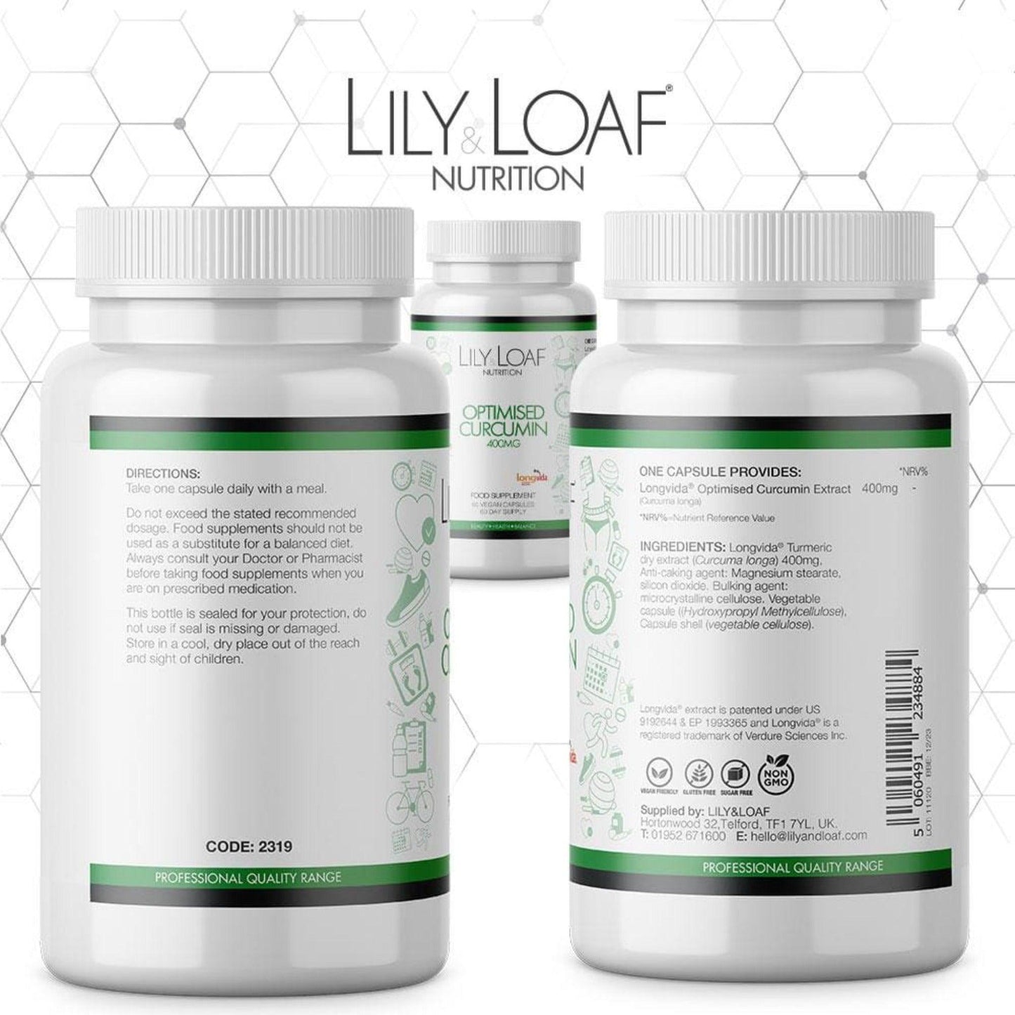 White bottle of Lily & Loaf Optimised Curcumin supplement, containing 60 vegan capsules for a 60-day supply, featuring Longvida technology.
