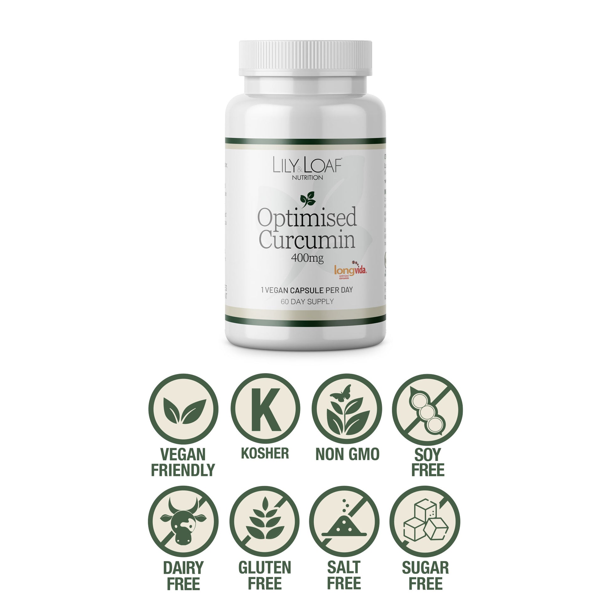 Lily & Loaf Optimised Curcumin 400mg supplement bottle with icons showing vegan, kosher, non GMO, soy free, dairy free, gluten free, salt free and sugar free.
