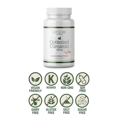 Lily & Loaf Optimised Curcumin 400mg supplement bottle with icons showing vegan, kosher, non GMO, soy free, dairy free, gluten free, salt free and sugar free.