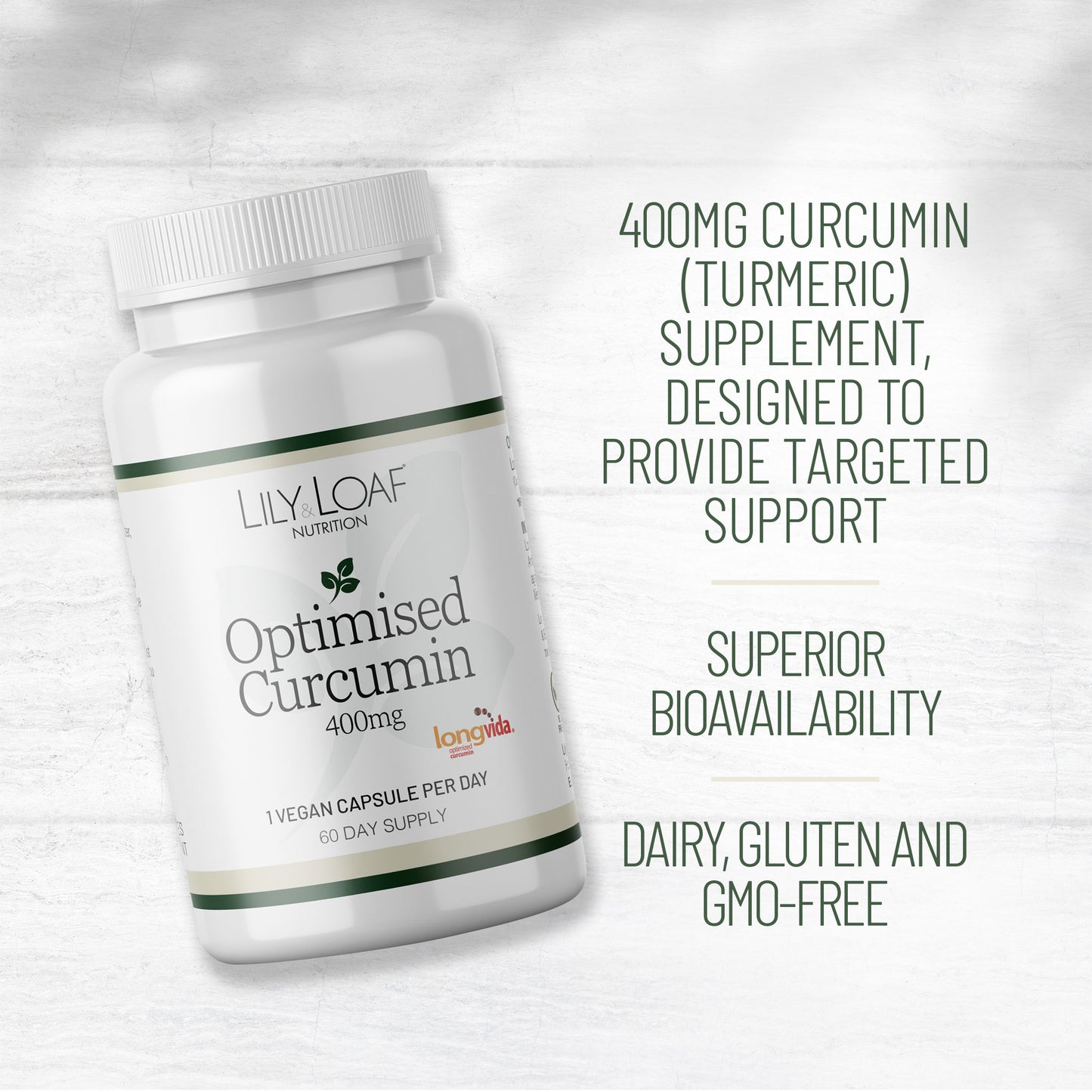 Lily & Loaf Optimised Curcumin 400mg supplement bottle highlighting turmeric support, superior bioavailability, and dairy, gluten and GMO free formula.