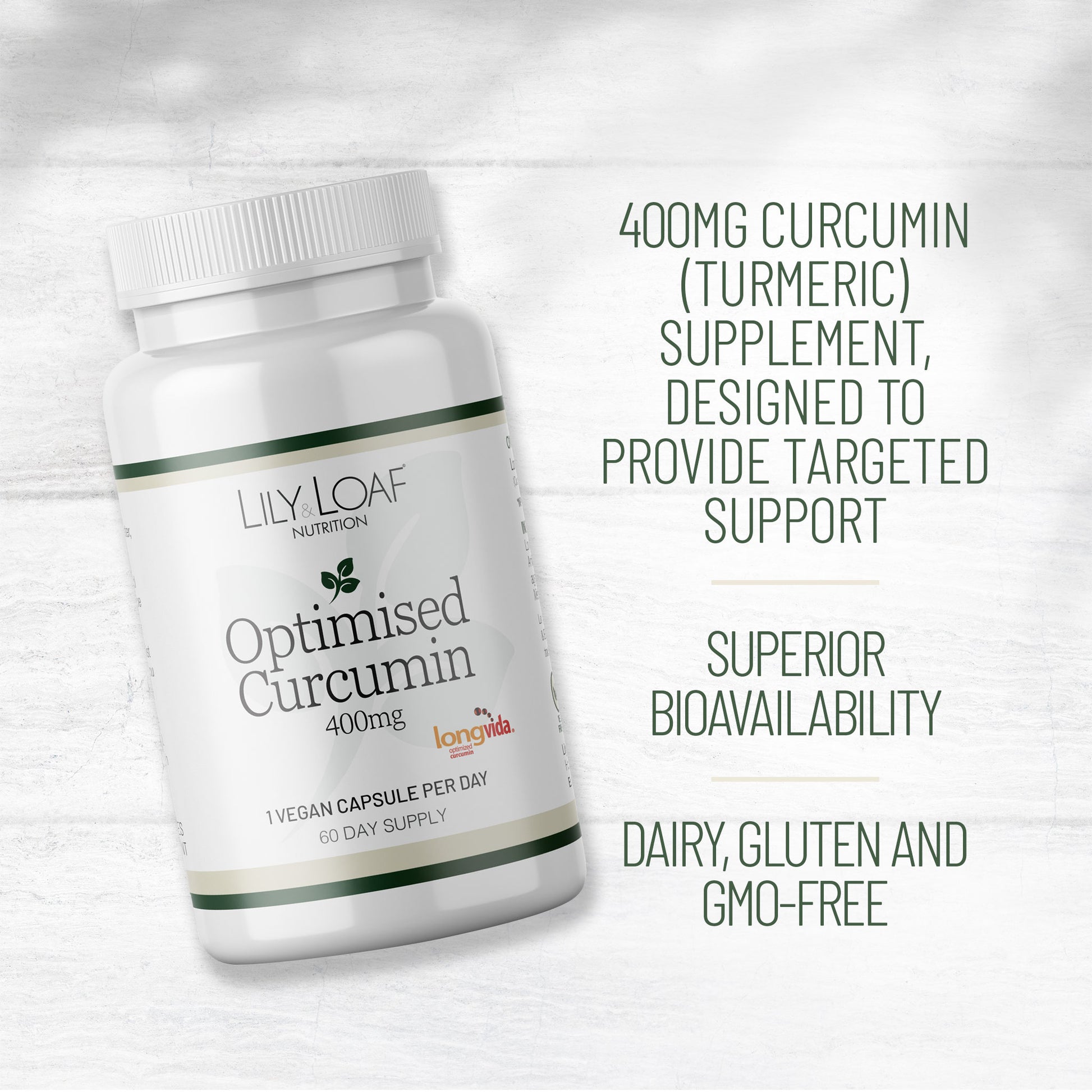 Lily & Loaf Optimised Curcumin 400mg supplement bottle highlighting turmeric support, superior bioavailability, and dairy, gluten and GMO free formula.