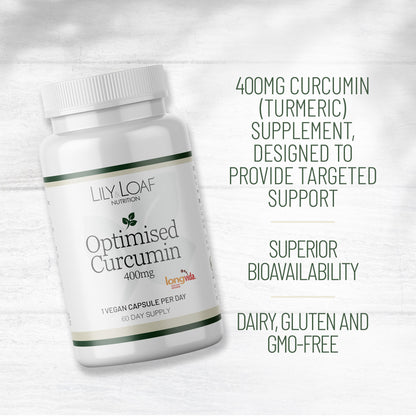 Lily & Loaf Optimised Curcumin 400mg supplement bottle highlighting turmeric support, superior bioavailability, and dairy, gluten and GMO free formula.