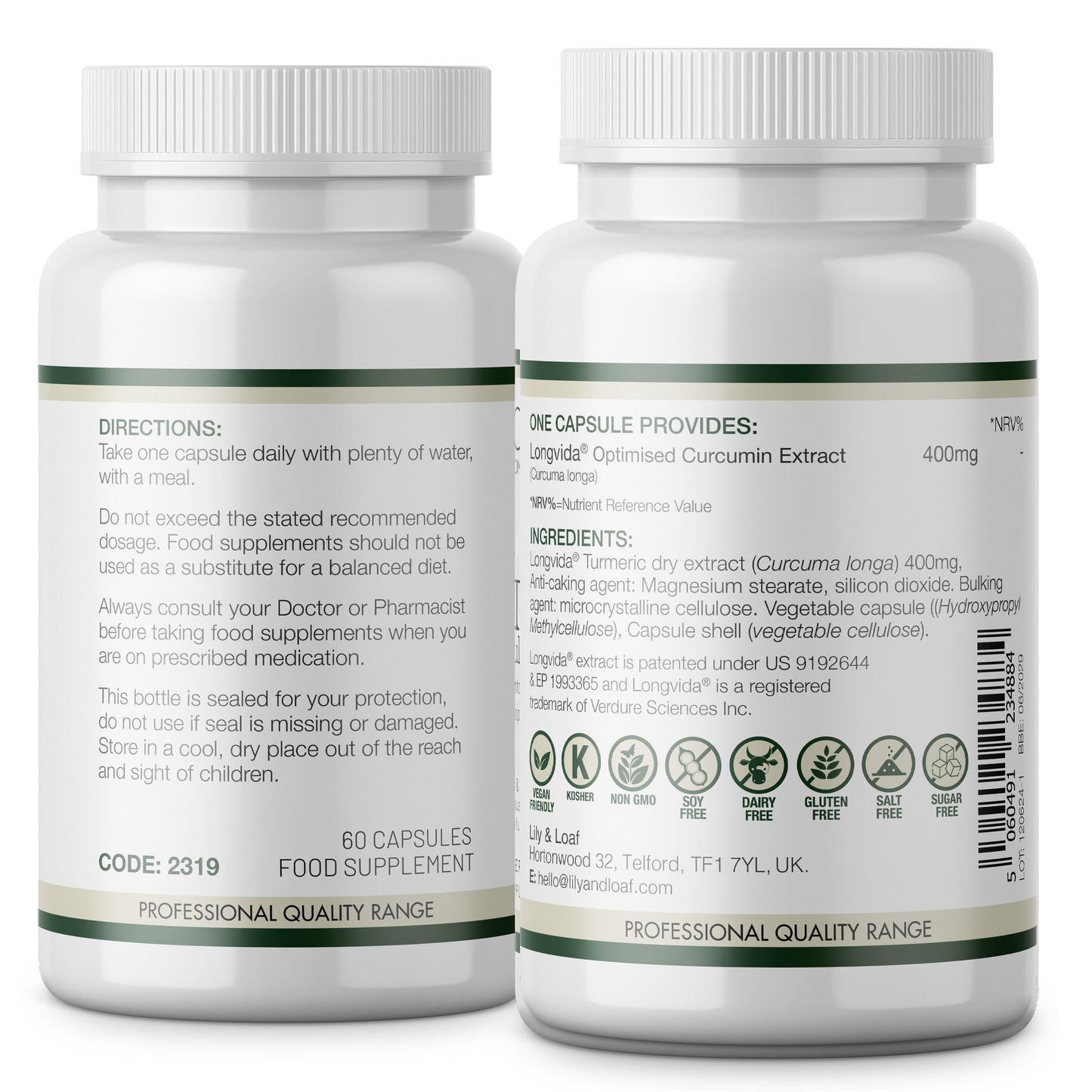 Back labels of Lily & Loaf Optimised Curcumin 400mg bottles showing directions, ingredients, dietary icons and 60 vegan capsules.