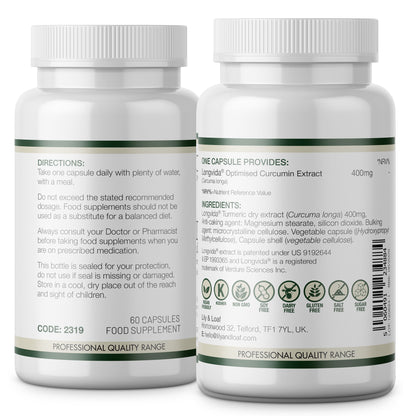 Back labels of Lily & Loaf Optimised Curcumin 400mg bottles showing directions, ingredients, dietary icons and 60 vegan capsules.
