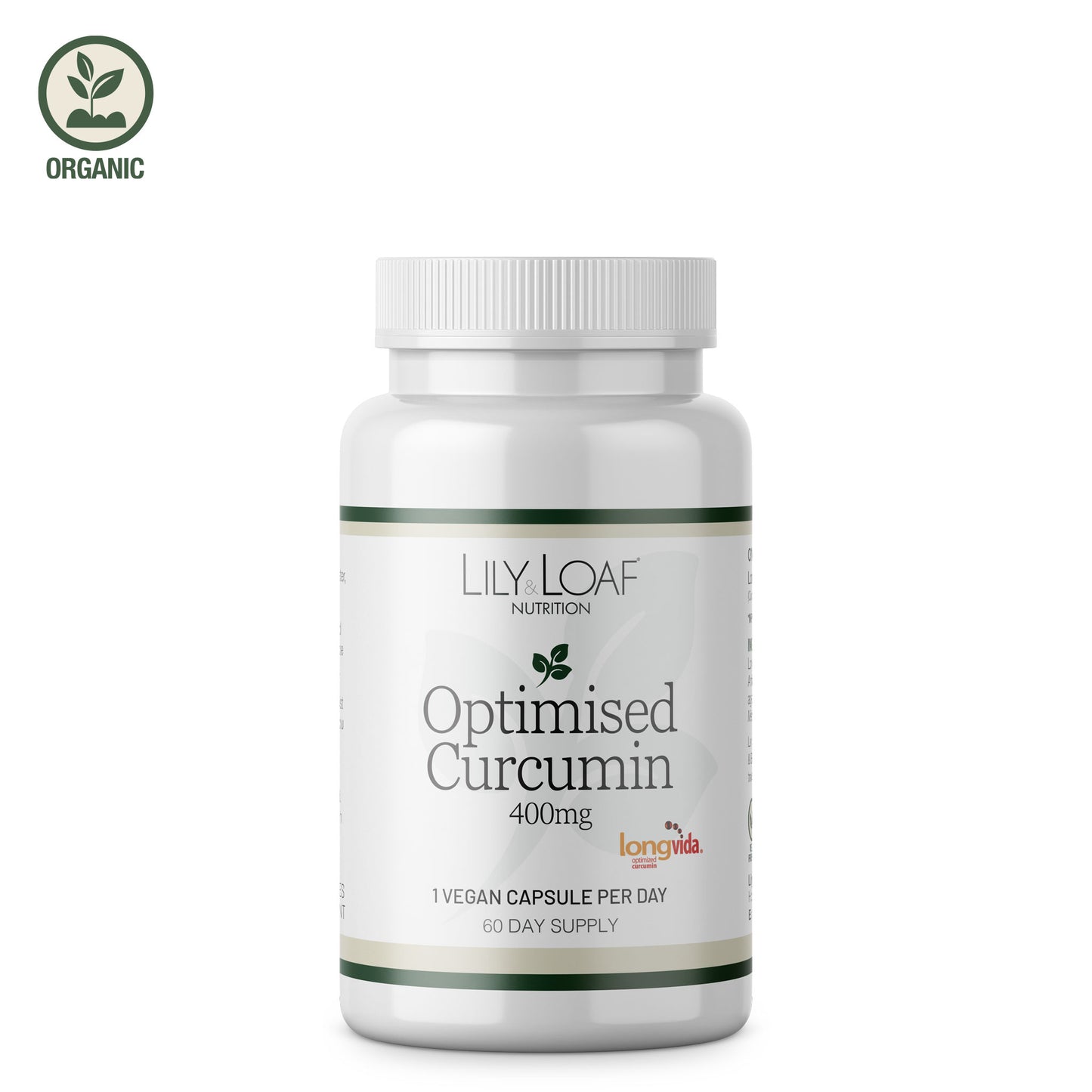 Lily & Loaf Optimised Curcumin 400mg supplement bottle, vegan capsules with Longvida curcumin, 60-day supply.