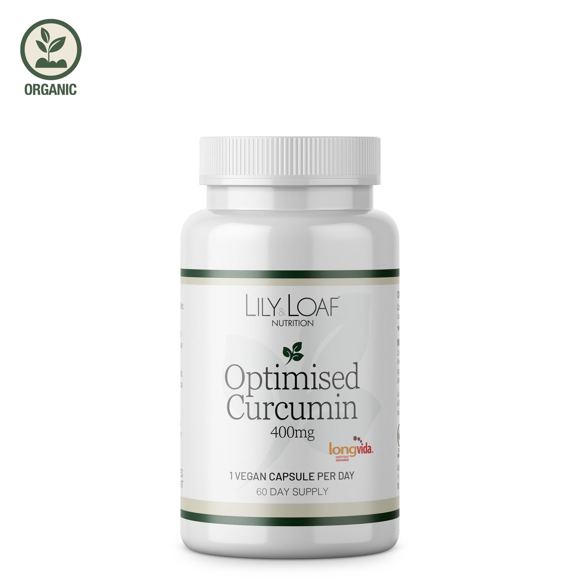 Lily & Loaf Optimised Curcumin 400mg supplement bottle, vegan capsules with Longvida curcumin, 60-day supply.