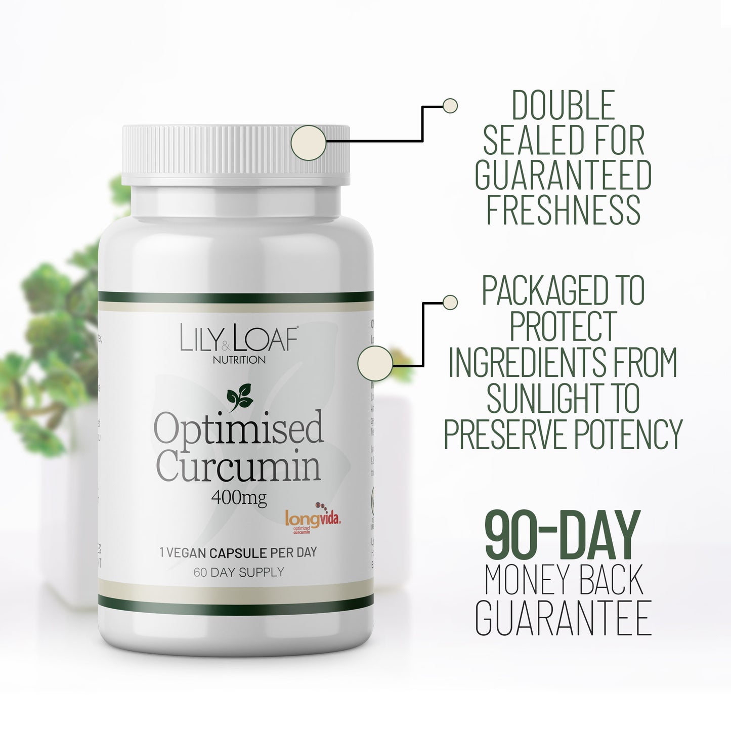 Lily & Loaf Optimised Curcumin 400mg supplement bottle showing double-sealed packaging, light-protective design and 90-day money-back guarantee.