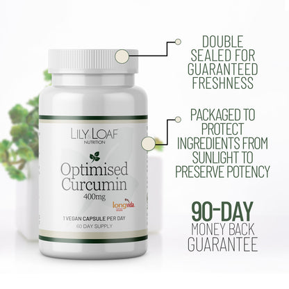 Lily & Loaf Optimised Curcumin 400mg supplement bottle showing double-sealed packaging, light-protective design and 90-day money-back guarantee.