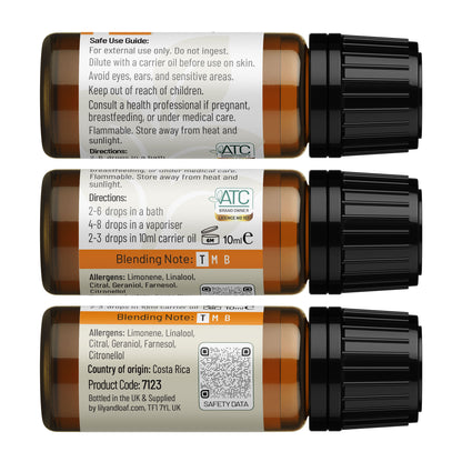 Back labels of Lily & Loaf Orange organic essential oil bottle showing safe use guide, blending notes, allergens, origin, QR safety data and directions.