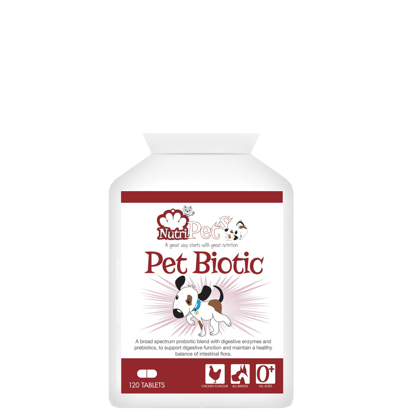 A bottle of Nutri-Pets Pet Biotic supplements for dogs, with branding and graphics indicating it is a product for digestive health.