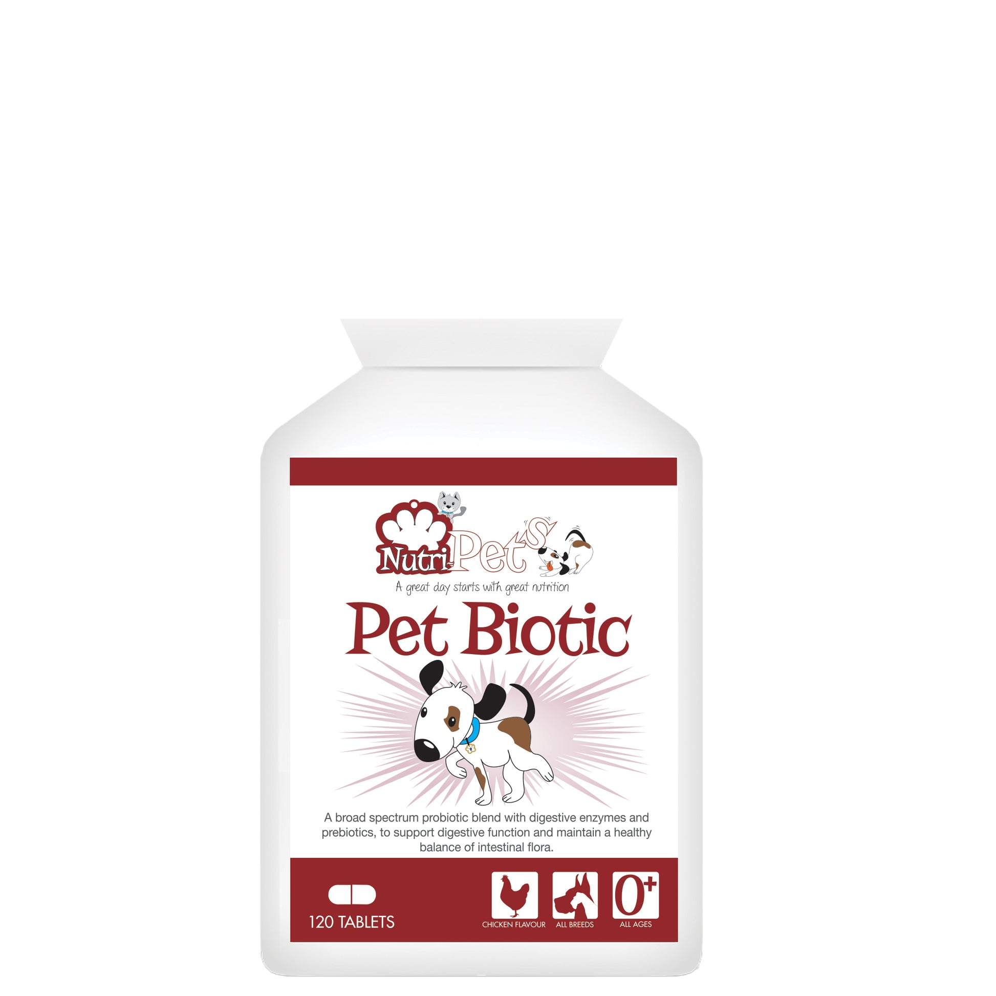 A bottle of Nutri-Pets Pet Biotic supplements for dogs, with branding and graphics indicating it is a product for digestive health.