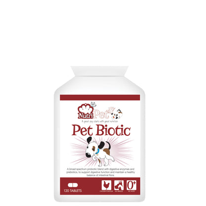 A bottle of Nutri-Pets Pet Biotic supplements for dogs, with branding and graphics indicating it is a product for digestive health.