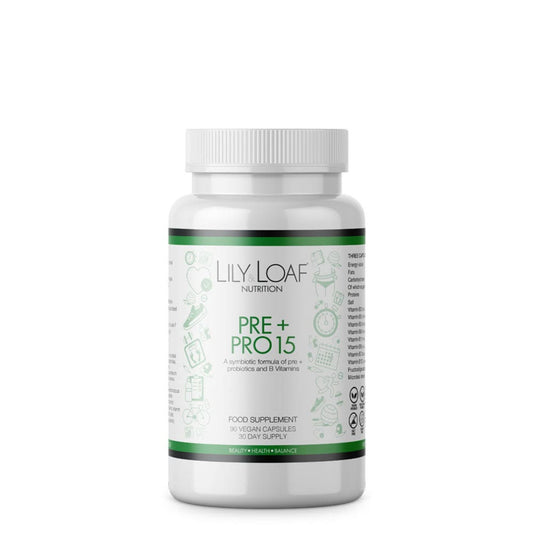 White bottle of Lily & Loaf Pre + Pro 15 supplement with prebiotics, probiotics, and B vitamins, containing 90 vegan capsules for a 30-day supply.