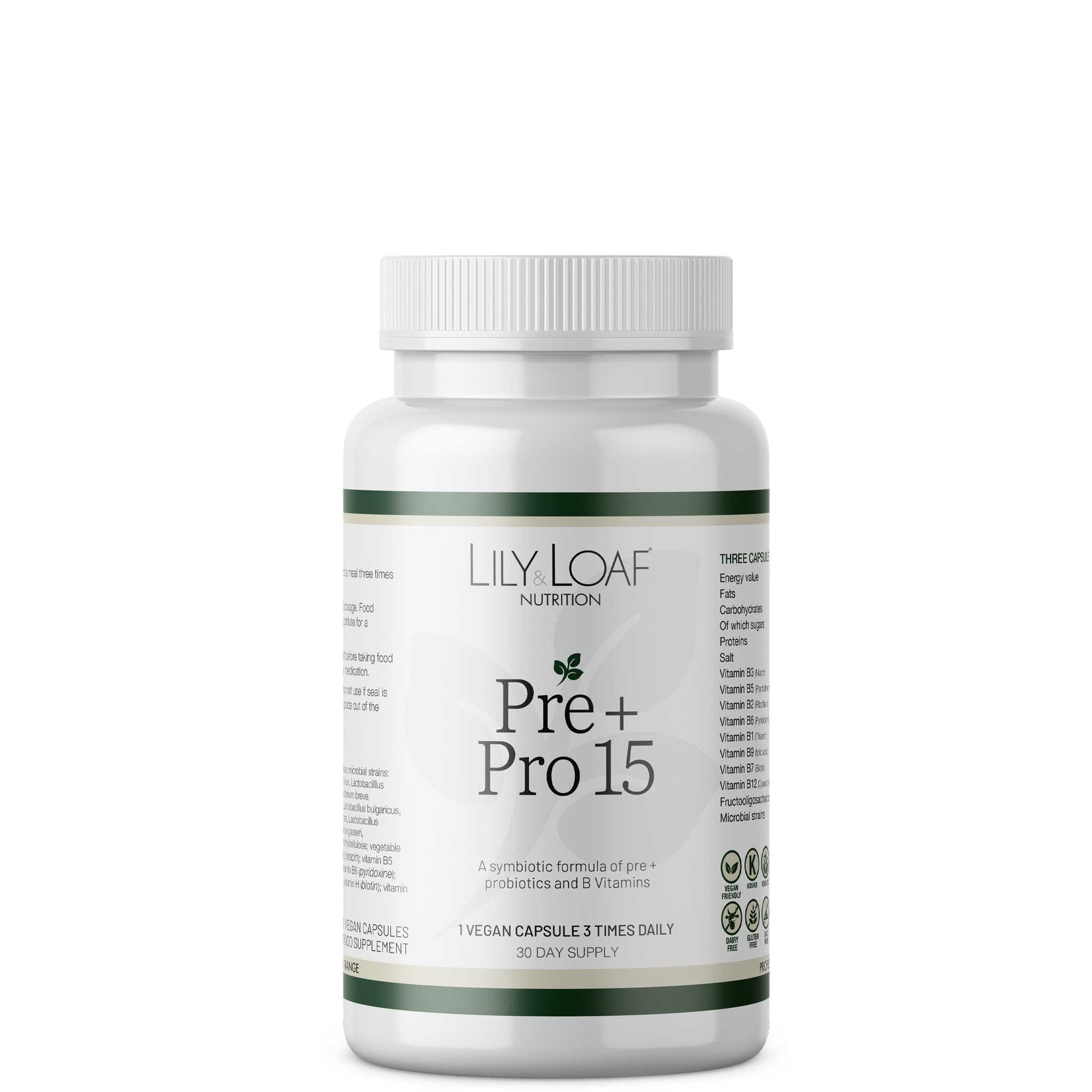 Lily & Loaf Pre+ Pro 15 probiotic supplement bottle with prebiotics and B vitamins on a white background.