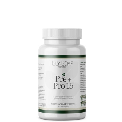 Lily & Loaf Pre+ Pro 15 probiotic supplement bottle with prebiotics and B vitamins on a white background.