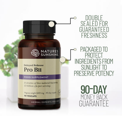 Nature's Sunshine Pro B11 Probiotic supplement bottle showing double-sealed packaging, light-protective design and 90-day money-back guarantee.
