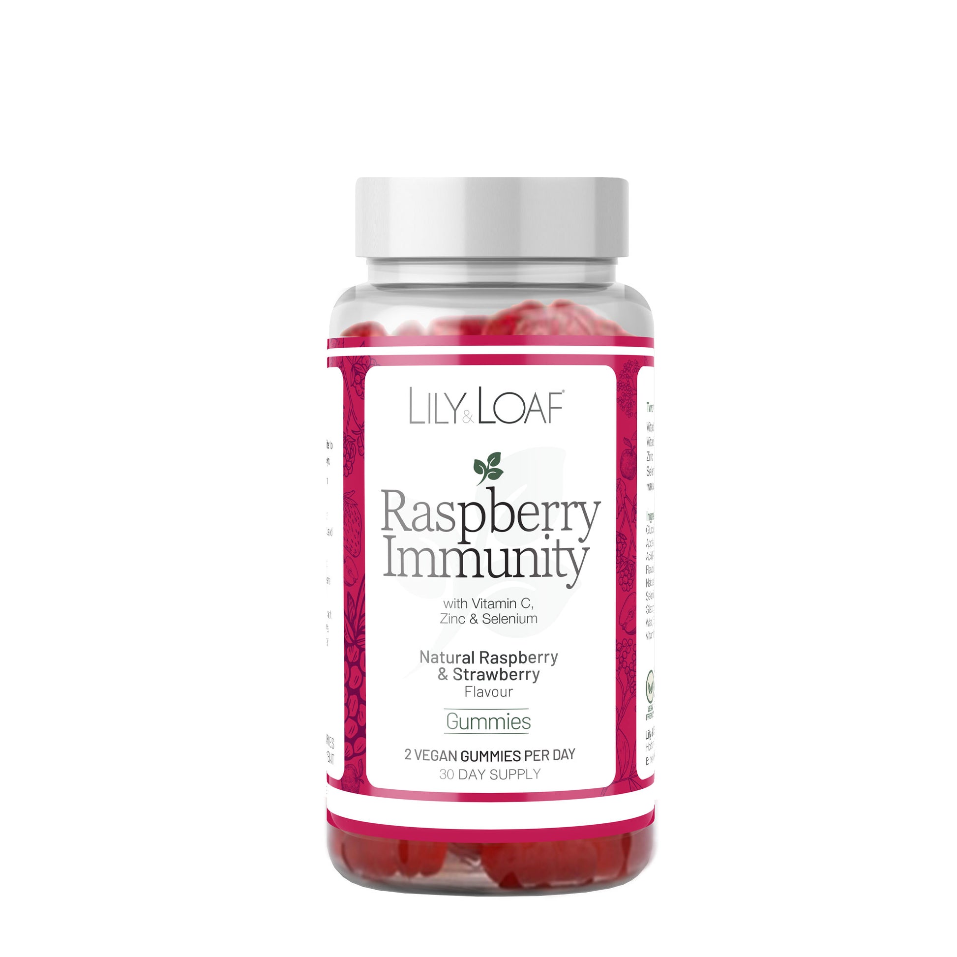 Lily & Loaf Raspberry Immunity vegan gummies with vitamin C, zinc and selenium in a clear bottle on a white background.