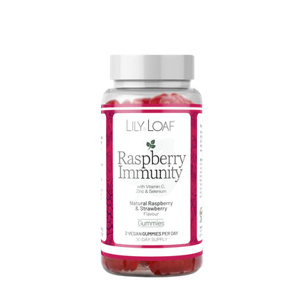 Lily & Loaf Raspberry Immunity vegan gummies with vitamin C, zinc and selenium in a clear bottle on a white background.