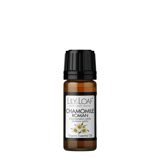 Lily & Loaf Chamomile Roman Organic Essential Oil in a 10ml amber glass bottle with black cap. Used for relaxation and stress relief.