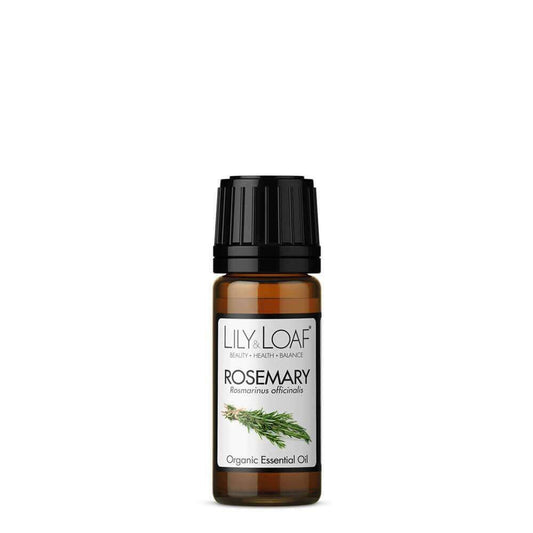 Lily & Loaf Rosemary Organic Essential Oil in a 10ml amber glass bottle with black cap. Used for enhancing focus and clarity.