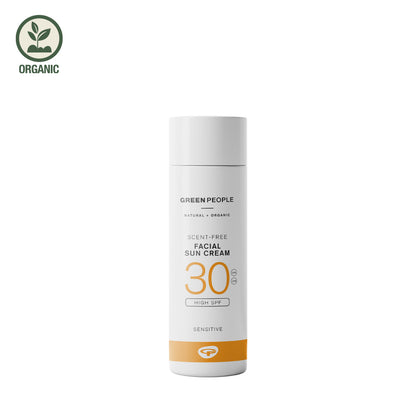 Green People Organic scent-free facial sun cream SPF 30 for sensitive skin in a white pump bottle on a plain background.