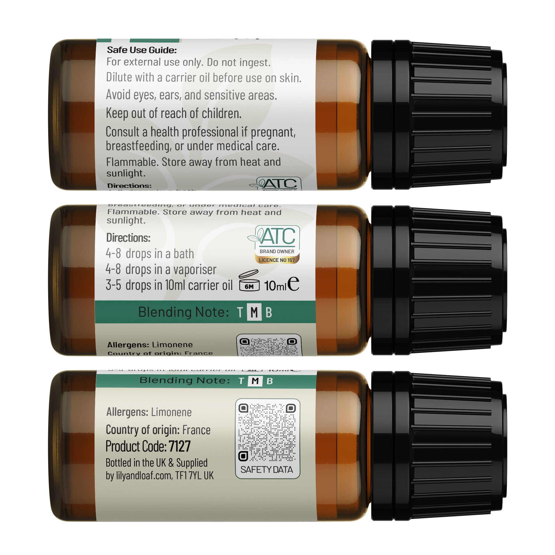 Back label of Lily & Loaf Scots Pine organic essential oil bottle showing safe use guide, blending notes, allergens, origin, QR safety data and directions.