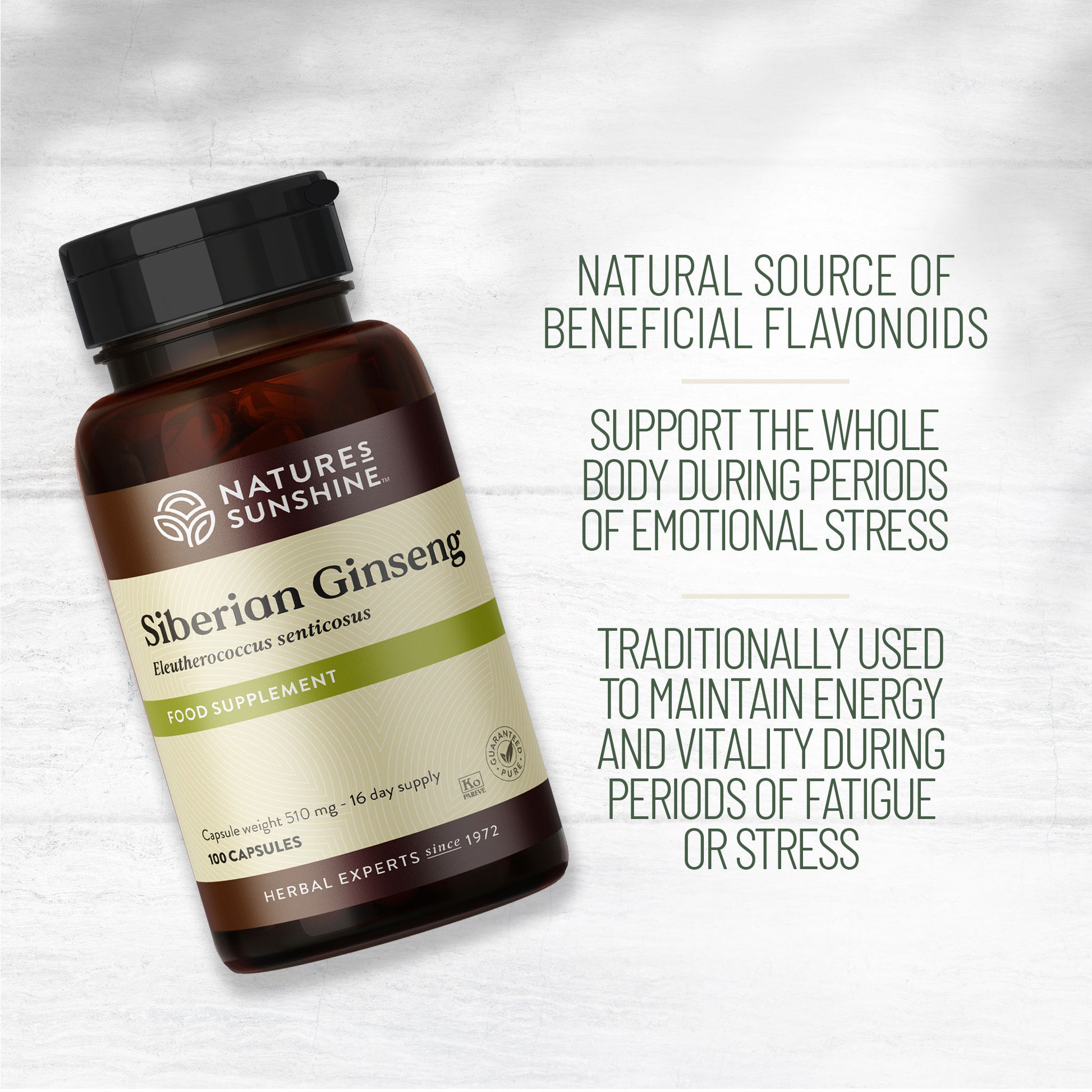 Nature’s Sunshine Siberian Ginseng capsules bottle on light background, herbal supplement traditionally used to support energy and vitality.