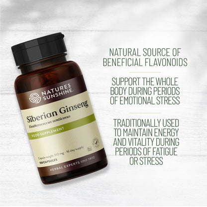Nature’s Sunshine Siberian Ginseng capsules bottle on light background, herbal supplement traditionally used to support energy and vitality.