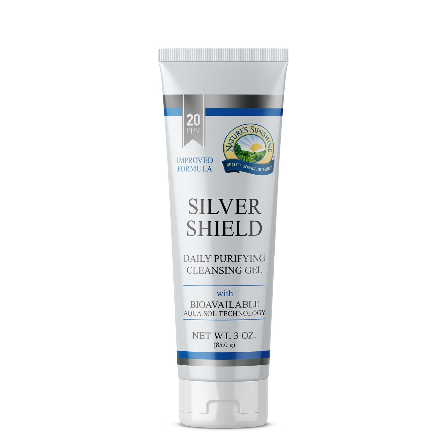 Nature’s Sunshine Silver Shield daily purifying cleansing gel tube, 20ppm improved formula, 85g, shown on a white background.