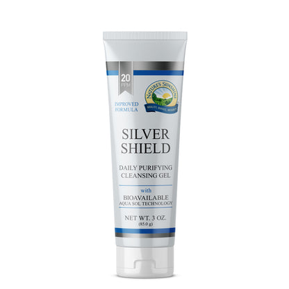 Nature’s Sunshine Silver Shield daily purifying cleansing gel tube, 20ppm improved formula, 85g, shown on a white background.