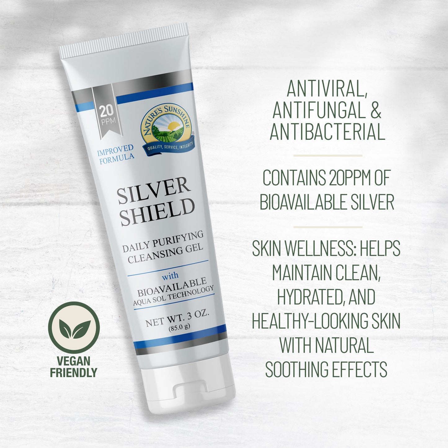 Nature’s Sunshine Silver Shield daily purifying cleansing gel, 20ppm bioavailable silver, vegan friendly, with on-image product features shown.