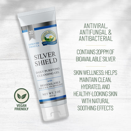 Nature’s Sunshine Silver Shield daily purifying cleansing gel, 20ppm bioavailable silver, vegan friendly, with on-image product features shown.