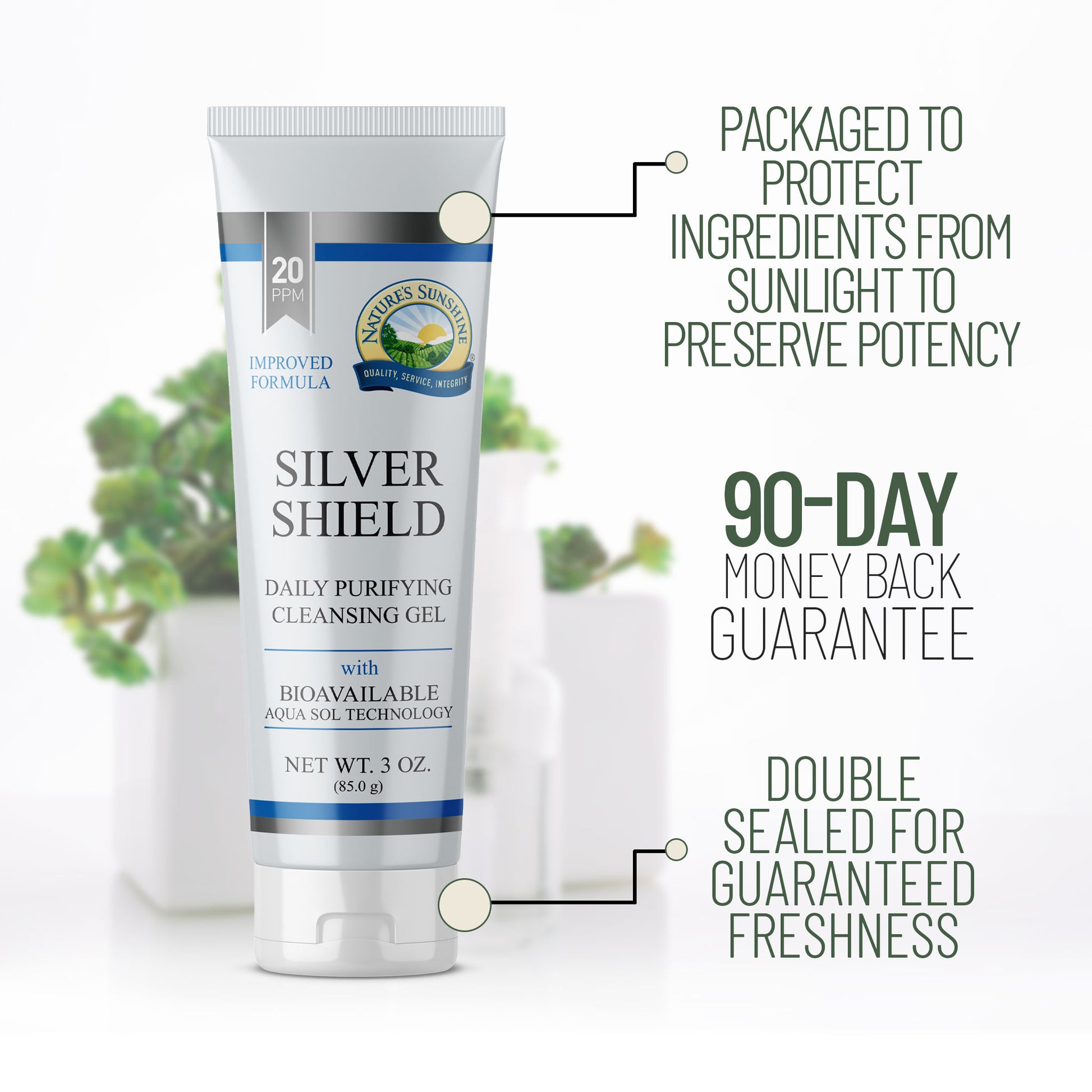 Nature's Sunshine Silver Shield Gel bottle showing double-sealed packaging, light-protective design and 90-day money-back guarantee.