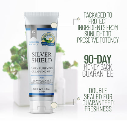Nature's Sunshine Silver Shield Gel bottle showing double-sealed packaging, light-protective design and 90-day money-back guarantee.
