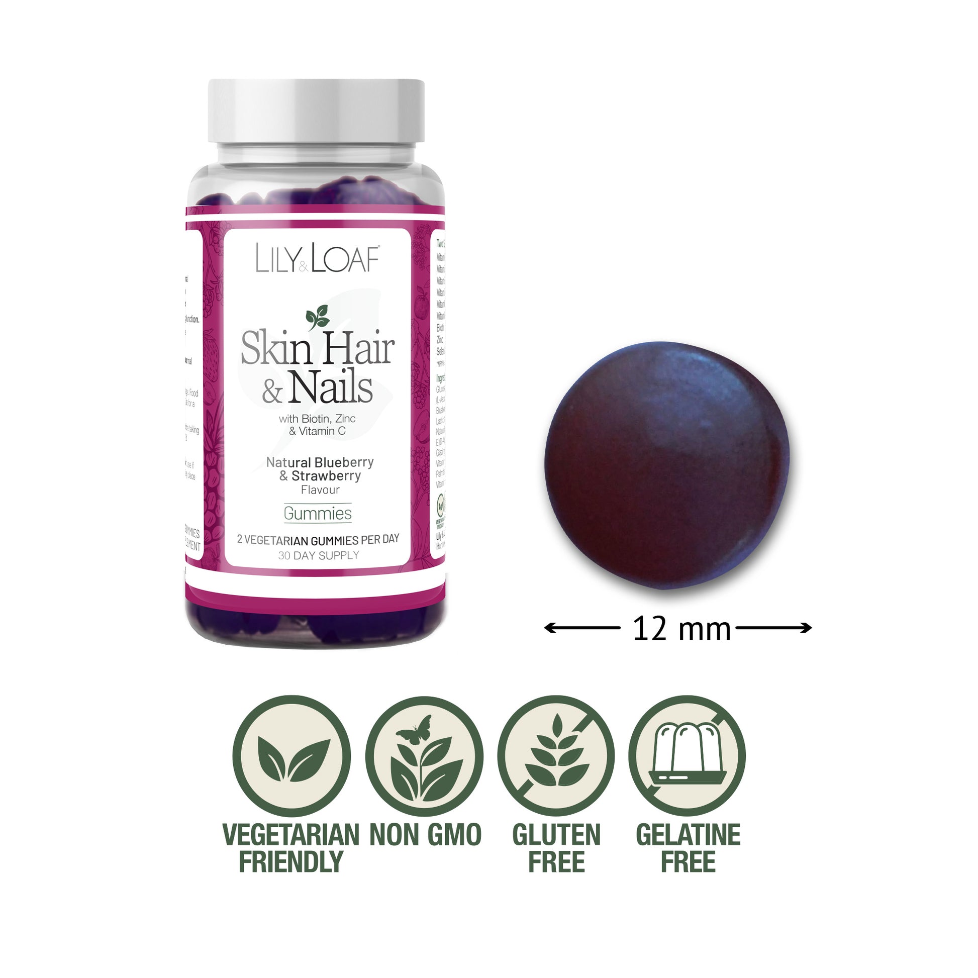 Lily & Loaf Skin, Hair & Nails gummies bottle with single blueberry gummy shown at 12mm, plus vegetarian, non-GMO, gluten-free and gelatine-free icons