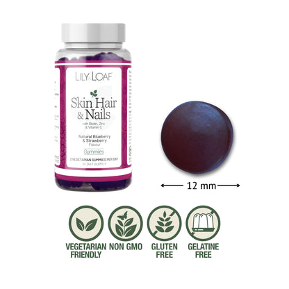 Lily & Loaf Skin, Hair & Nails gummies bottle with single blueberry gummy shown at 12mm, plus vegetarian, non-GMO, gluten-free and gelatine-free icons