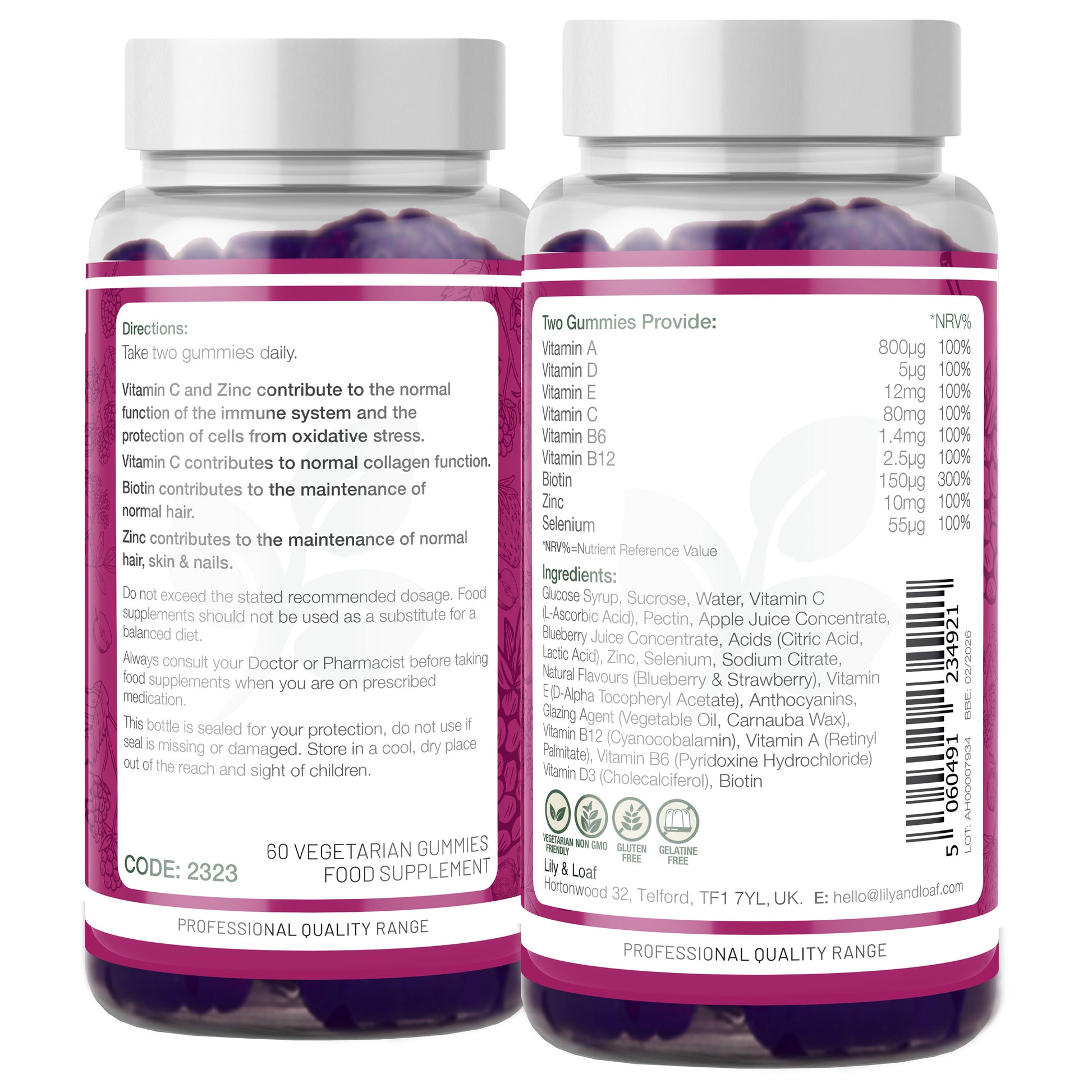 Lily & Loaf Skin, Hair & Nail Gummies supplement bottles showing back labels with ingredients, directions and nutritional information.