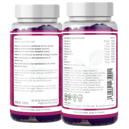 Lily & Loaf Skin, Hair & Nail Gummies supplement bottles showing back labels with ingredients, directions and nutritional information.